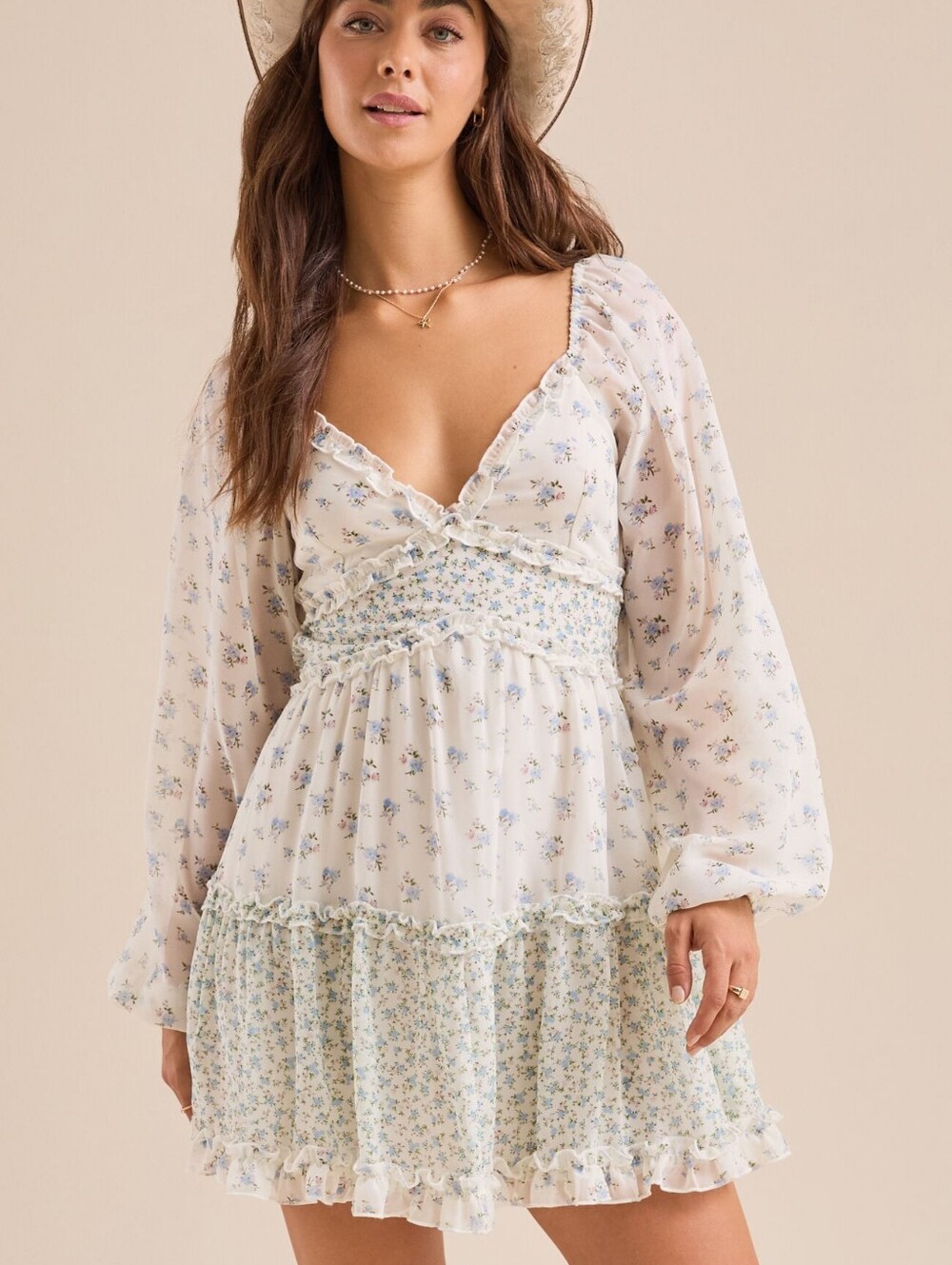Altar'd State Saige Floral Patch Ruffled Long Sleeve Mini Dress M